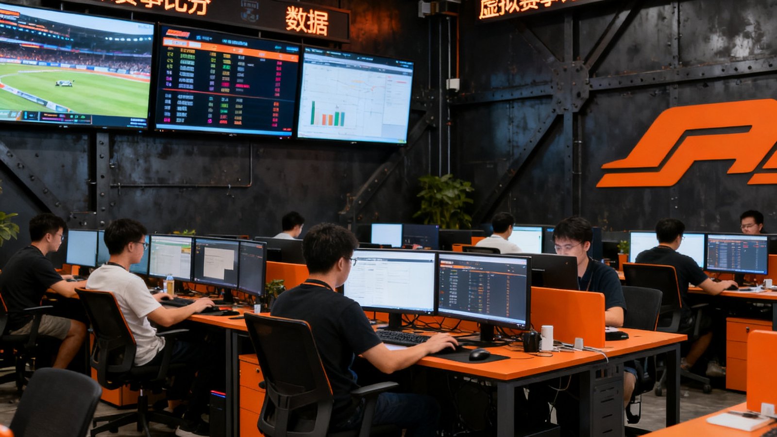 MK体育网深圳总部开放式办公区全景，数十名工程师在双屏工作站前专注工作，墙面挂着多块赛事数据监控大屏实时滚动着虚拟赛事的比分和数据，空间采用深色工业风设计搭配橙色品牌元素点缀，营造出科技公司特有的创新氛围