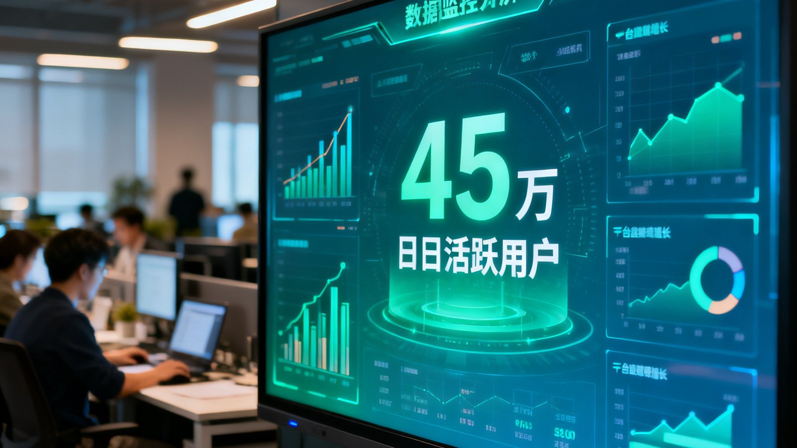 MK体育网数据监控大屏的特写画面，显示屏上以图表和数字形式展示着45万日活跃用户的里程碑数据，背景是公司办公区忙碌的工作场景，展现平台高速增长的态势