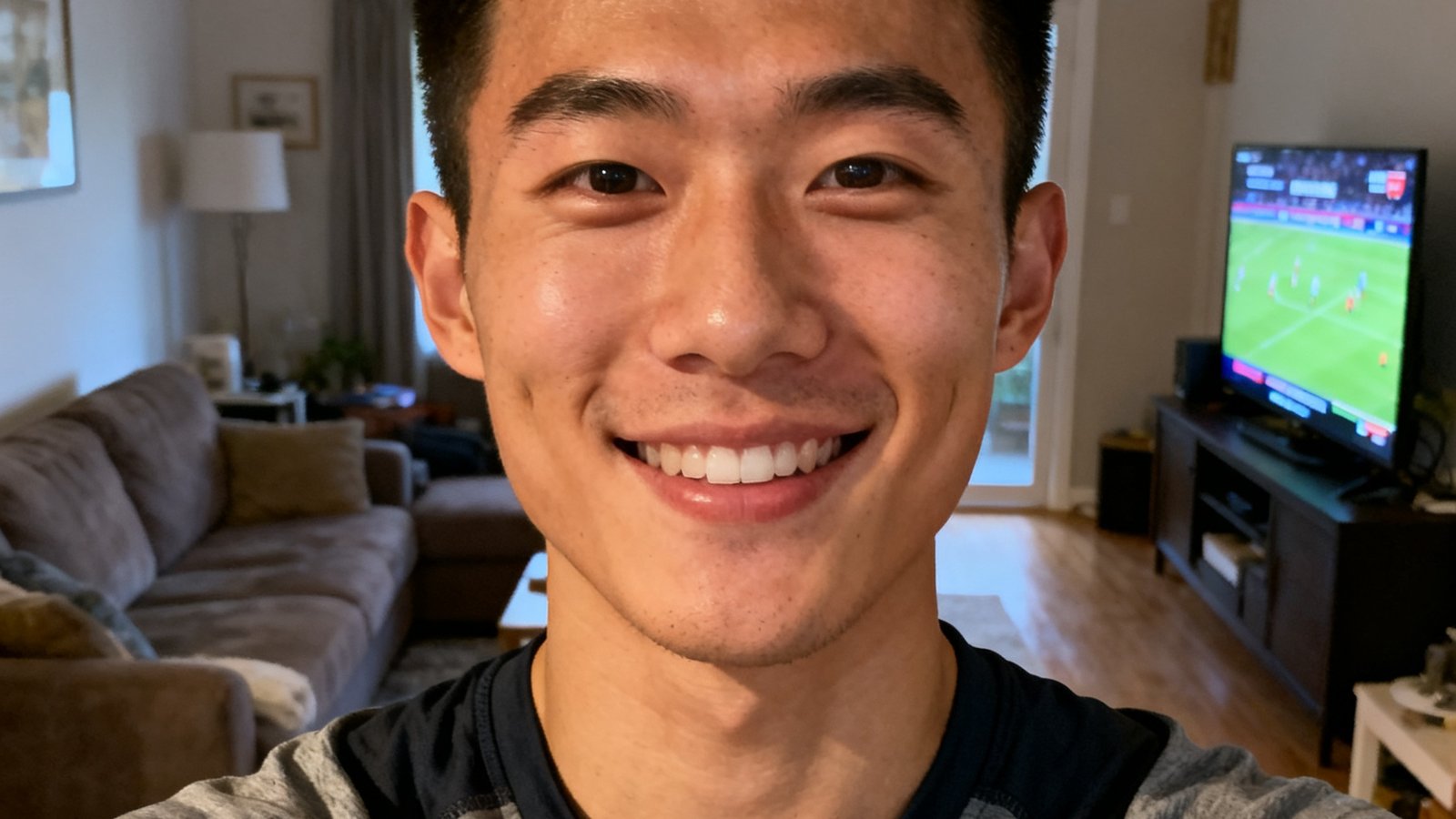 一位穿着休闲运动装的年轻男性用户陈先生的正面半身照，背景是家中客厅，他面带满意微笑，展现了普通体育爱好者使用MK体育网后的真实愉悦感