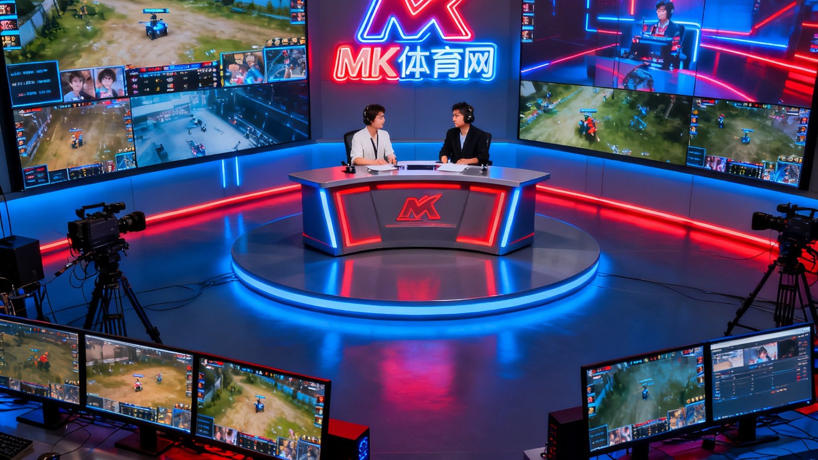 专业电子竞技直播演播厅内部场景，多块超大屏幕阵列显示不同赛事画面，中央解说台前两名解说员正在进行赛事分析，背景墙上MK体育网标志以霓虹灯形式呈现，整个空间充满科技与竞技氛围